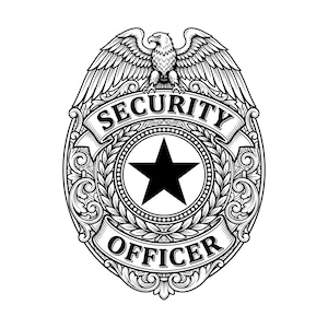 Può includere: Un distintivo ovale per addetto alla sicurezza in bianco e nero raffigurante un'aquila con le ali spiegate nella parte superiore. Il design include una stella nera centrale circondata da una corona d'alloro e nastri con il testo SECURITY e OFFICER.