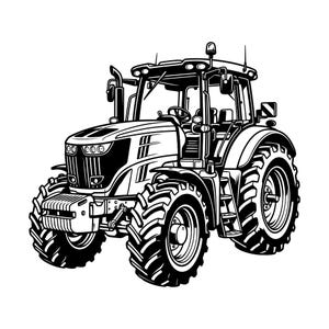 Può includere: Un'illustrazione grafica in bianco e nero di un moderno trattore agricolo. Il veicolo presenta grandi pneumatici con battistrada profondo, una griglia anteriore dettagliata, una cabina con volante, un tubo di scarico verticale e specchietti laterali su sfondo bianco.