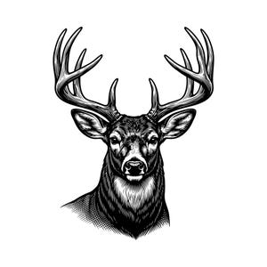 May include: A black and white graphic illustration of a deer head featuring detailed antlers, textured fur shading, and a focused forward-facing expression. The artwork uses high-contrast ink lines to define the facial features and neck.