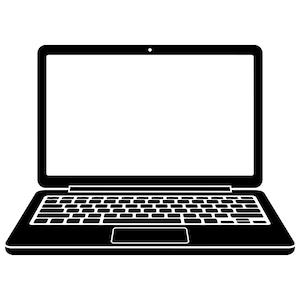 Puede incluir: Una ilustración gráfica en blanco y negro de una computadora portátil. El dispositivo presenta una gran pantalla rectangular con un centro blanco, un diseño de teclado estándar con teclas individuales y un panel táctil rectangular centrado.