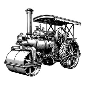 Puede incluir: Una ilustración en blanco y negro de una apisonadora de vapor antigua. La maquinaria pesada cuenta con un gran rodillo cilíndrico delantero, una chimenea vertical alta, un techo tipo toldo y dos grandes ruedas traseras con bandas de rodadura.