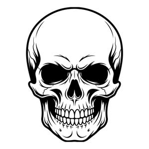 May include: A black and white graphic illustration of a human skull shown from a front-facing perspective. The design features bold black outlines, deep black eye sockets, a dark nasal cavity, and detailed teeth set against a stark white background.