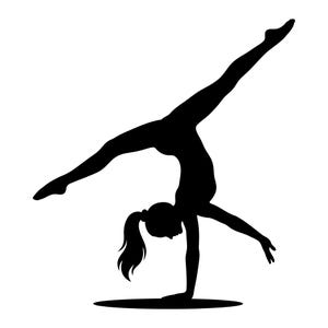 Puede incluir: Una silueta negra sólida de una persona realizando un pino con las piernas extendidas en posición de split. La figura tiene el cabello recogido en una coleta y se equilibra sobre una mano, con el otro brazo extendido hacia afuera.