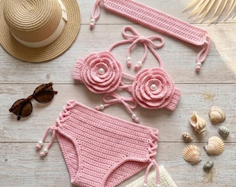 Modèle PDF de bikini bébé au crochet, ensemble soutien-gorge et bloomer roses, tenue de bain bébé et bandeau, téléchargement numérique.