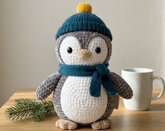 Modèle PDF de pingouin amigurumi au crochet, pingouin en peluche mignon, jouet en peluche en velours fait main, téléchargement numérique instantané.