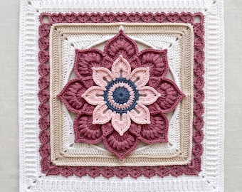 Blommande lotus fyrkantig virkmönster PDF, blommig mandala-motiv, 3D-överlägg mormors fyrkant, digital nedladdning.