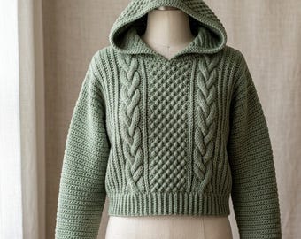 Modèle PDF à capuche court au crochet, modèle au crochet pour sweat à capuche torsadé, modèle de pull surdimensionné, téléchargement numérique.