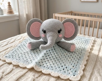 Modèle de doudou éléphant pour bébé au crochet, couverture de sécurité amigurumi, cadeau de naissance facile, téléchargement numérique.