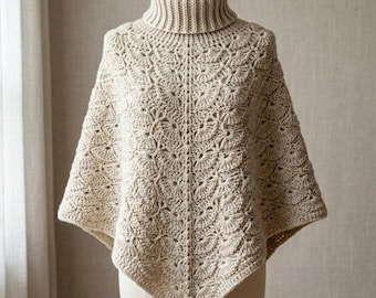 Virkmönster för poncho med polotröja och texturerad hals i PDF-format, ponchomönster uppifrån och ner, virkmönster för vuxna och barn, nedladdning.