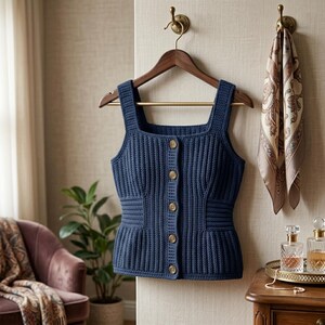 Peut inclure: Un haut sans manches en crochet bleu foncé avec une encolure carrée, une texture côtelée verticale et une patte de boutonnage avant dotée de cinq petits boutons marron. Le vêtement est présenté sur un cintre en bois fixé à un crochet mural.