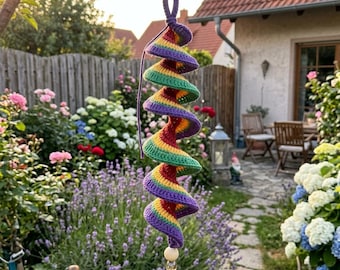 Modèle PDF de girouette au crochet, décoration spirale arc-en-ciel, modèle de crochet avec restes de laine, téléchargement numérique.