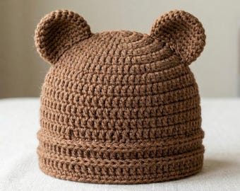 Patron au crochet Woodland Bear Beanie PDF, modèle de bonnet bébé ours, bébé animal bonnet en téléchargement numérique.