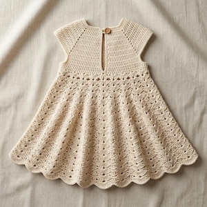 May include: A cream-colored crochet dress featuring a cap-sleeve bodice with a solid stitch pattern and a flared skirt with a repeating fan-like stitch design. The back neckline includes a single wooden button closure with a vertical keyhole opening.