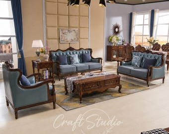 Luxus 6 Sitzer Chesterfield Ledersofa Set Handgefertigte Massivholz Viktorianische Möbel