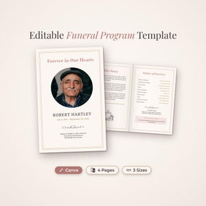 Pode incluir: Um modelo editável de programa funerário com uma capa que apresenta uma foto circular de um homem, o texto Forever in Our Hearts e Robert Hartley. As páginas internas exibem His Story e Order of Service para um memorial.