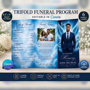 Trifold Funeral Program template for loss of a loved one 2 Page with 6 panels Canva Editable Memorial Program printable for Funeral Service