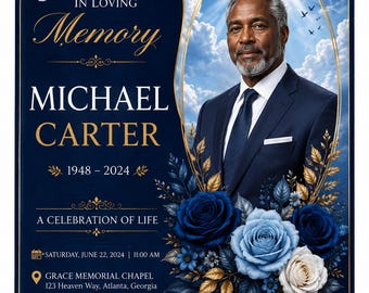 Blue Funeral Program Template for Loss of a Loved One 8 Page Editable Canva Obituary Booklet for Loss of beloved printable for Memories