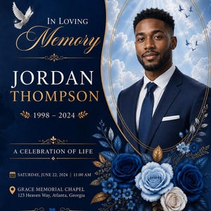 Può includere: Un modello di programma funebre con il ritratto di una persona in abito blu navy, su uno sfondo blu intenso con testo dorato In Loving Memory, Jordan Thompson, 1998-2024, A Celebration of Life, e i dettagli dell'evento.
