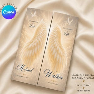 May include: A gatefold funeral program template featuring a beige background with soft clouds, a large white angel wing on each panel, and a flying dove. The text reads Celebration of Life, Michael, January 15, 1953, Walker, and March 15, 2024.