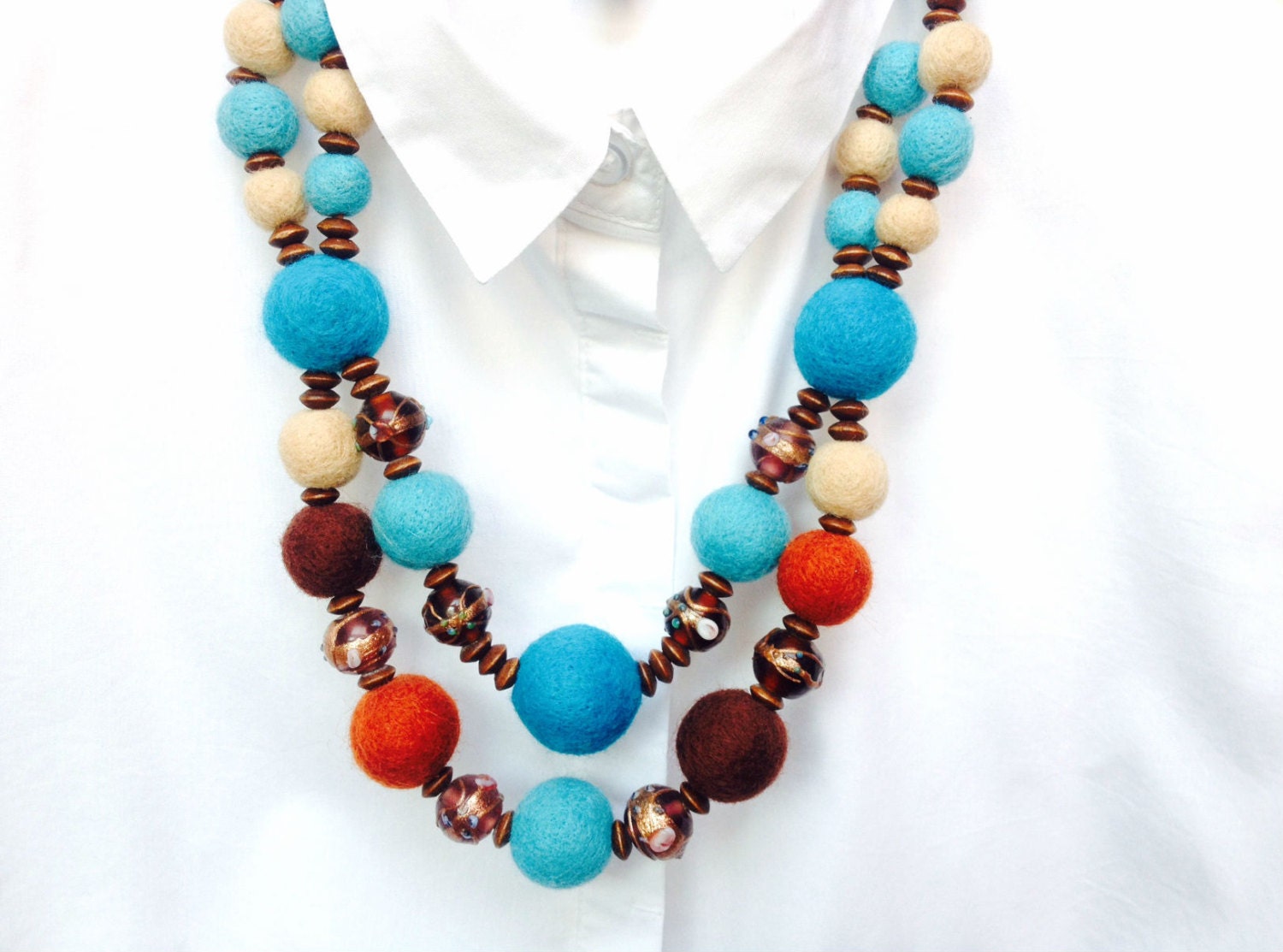 Bleu Brown Beige Felted Beaded Necklace With Glass Pearls Etsy
