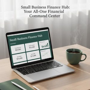 May include: A laptop displaying a Small Business Finance Hub dashboard with financial data, including Total Revenue $25,000 and Net Profit $13,000. Beside it sits a green mug, a green notebook, and a pen on a wooden desk with the text Small Business Finance Hub: Your All-One Financial Command Center.
