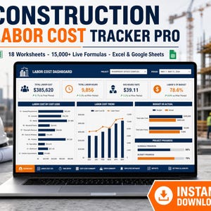 May include: A laptop screen displaying the Construction Labor Cost Tracker Pro dashboard with data visualizations, including bar charts, line graphs, and progress bars for labor costs, hours, and budget metrics, featuring 18 worksheets and 15,000+ live formulas.