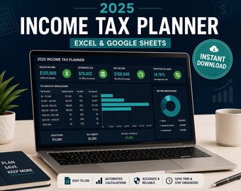 Foglio di calcolo per la pianificazione delle imposte sul reddito 2025 / Excel e Fogli Google / Calcolatore delle imposte / Monitoraggio delle detrazioni / Confronto di scenari / Download immediato