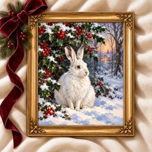 Puede incluir: Un cuadro enmarcado de un conejo blanco sentado en la nieve bajo un acebo con bayas rojas. El marco dorado ornamentado está decorado con una cinta de terciopelo rojo oscuro y ramas de pino, sobre un fondo de tela color crema drapeada.