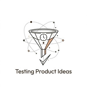Könnte beinhalten: Eine grafische Illustration mit einem Trichter-Symbol, das ein Zifferblatt enthält, umgeben von gepunkteten Orbitallinien und kleinen geometrischen Formen. Unter dem Symbol steht der Text Testing Product Ideas in serifenloser Schrift.