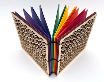 Rainbow book, instagram album, lasercut birch wood, pride journal, coptic bound notebook