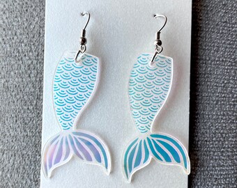 Iridescent Acrylic Mermaid Tail Earrings, Gift Under 20, Lasercut dangle silver hook earrings