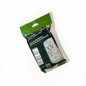 May include: A white energy-saving power strip packaged in a green and clear plastic bag. The packaging features the text Energy-Saving Advanced Power Strip and Regleta de Enchufes Avanzada de Bajo Consumo, with a QR code and product illustrations.