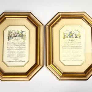 May include: A pair of octagonal gold-toned frames containing vintage-style prints with illustrations of figures in period clothing, musical notation, and printed text. The left print is titled "Drink to Me Only with Thine Eyes" and the right is "To Chloe."