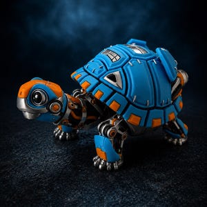 May include: A mechanical turtle figurine featuring a bright blue shell with orange accents and silver metallic joints. The head is orange and blue with large dark eyes, and the limbs are constructed with visible gears and robotic plating details.
