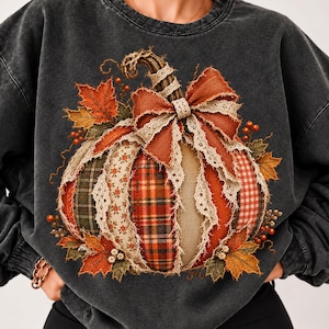 Patchwork Pumpkin PNG, Plaid Fall Pumpkin Design, Ripped Fabric Reverse Applique, Rustic Autumn Sublimation, Fall DTF PNG