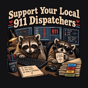 Puede incluir: Ilustración gráfica que muestra a dos mapaches trabajando en estaciones de computadora con auriculares. El texto dice Support Your Local 911 Dispatchers, Dispatch Life, Fueled By Coffee & Chaos, Take Calls, Help People, Make A Difference, Police, Fire, EMS.
