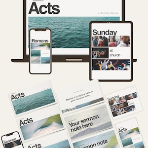 May include: A digital graphic template set for church sermon series displayed on a laptop, tablet, and smartphone screen, featuring the text "Church Graphic Canva Template," "The Book of Acts," "Romans," "Sunday at church," and "Sermon note here."