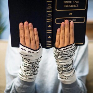 Pride and Prejudice Writing Gloves Fingerless Gloves, Arm Warmers, Jane Austen, Literary, Book Lover, Books, Reading image 2