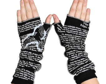 The Raven Writing Gloves - Fingerless Gloves Cotton, Arm Warmers, Edgar Allan Poe Gift, Graduation Gift, Booklover Gift, Back to School