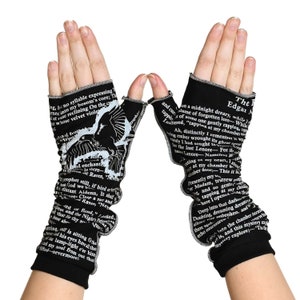 The Raven Writing Gloves - Fingerless Gloves Cotton, Arm Warmers, Edgar Allan Poe Gift, Graduation Gift, Booklover Gift, Back to School