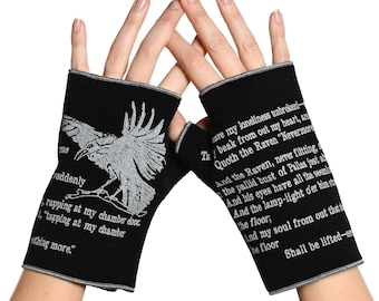 The Raven Fingerless Italian Wool Gloves - Edgar Allan Poe, Black Gloves, Reader and Writer Gift, Soft Medium-weight Fabric, Cashmere