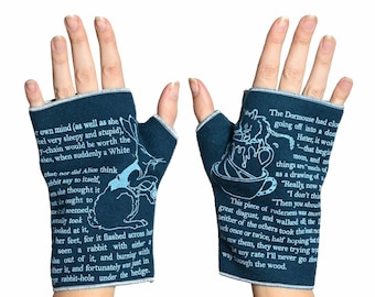 Alice in Wonderland Fingerless Italian Wool Gloves - Lewis Carroll, Blue Gloves, Reader and Writer Gift, Soft Medium-weight Fabric, Cashmere