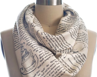 Alice in Wonderland Book Scarf - Infinity Scarf, Literary Scarf,  Booklover Gift, Writer Gift, Lewis Carroll , Rabbit, Reading, Teacher Gift
