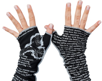 The Raven Writing Gloves - Fingerless Gloves Cotton, Arm Warmers, Edgar Allan Poe Gift, Graduation Gift, Booklover Gift, Back to School