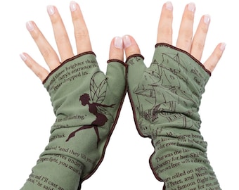 Peter Pan Writing Gloves - Fingerless Gloves, Arm Warmers, J.M. Barrie, Graduation Gift, Back to School, Writer Gift, Booklover Gift