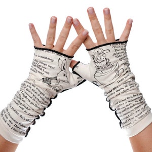 Alice in Wonderland Writing Gloves Fingerless Gloves, Arm Warmers, Lewis Caroll, Writer Gift, Booklover Gift, Graduation Gift, Literary Beige