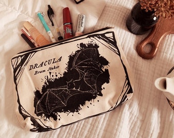 Dracula Book Pouch - Bram Stoker, Makeup Bag, Pencil Case, Literary Gift, Book Lover, Books, Gift for Reader and Writer Booklover Bat Design