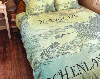 Map of Narnia Duvet Cover - C.S. Lewis, Fantasy Literature, Literary Bedding, Book Lover Bedding, Book Map Page, Green Bedding