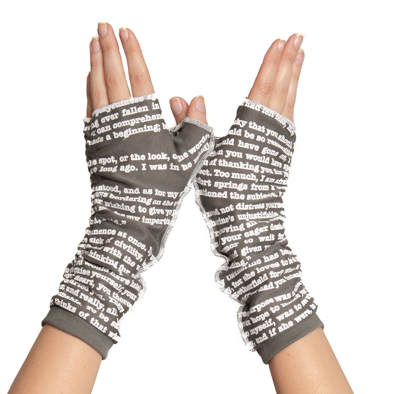 Pride and Prejudice Writing Gloves Fingerless Gloves, Arm Warmers, Jane Austen, Literary, Book Lover, Books, Reading Gray