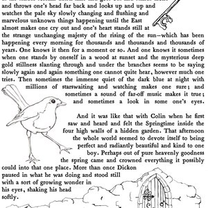 May include: Black and white illustration with text. The image features a key, a bird, and a stone doorway. The text describes a feeling of wonder and the beauty of nature. The style is reminiscent of a classic storybook.